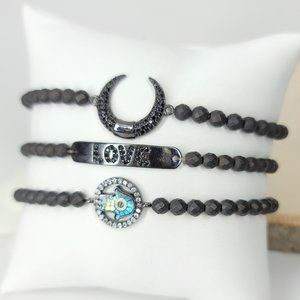 NEW 3 PCS Set Hamsa Love Moon Hematite Bracelets